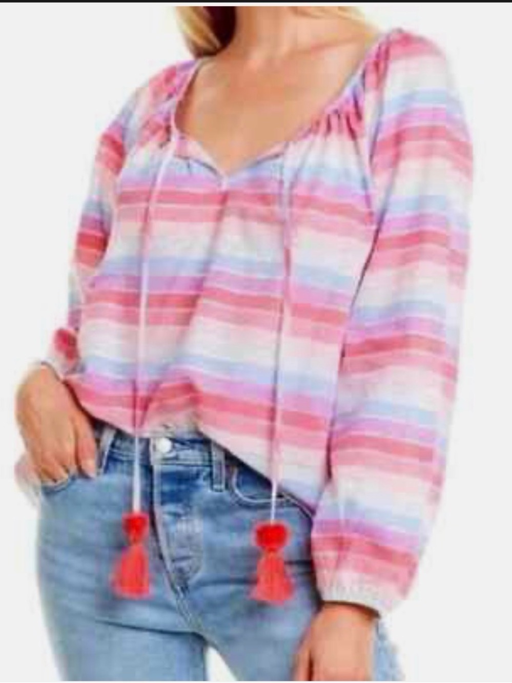 J Crew Pink Multi-Stripe Boho Blouse with Tassel Tie
